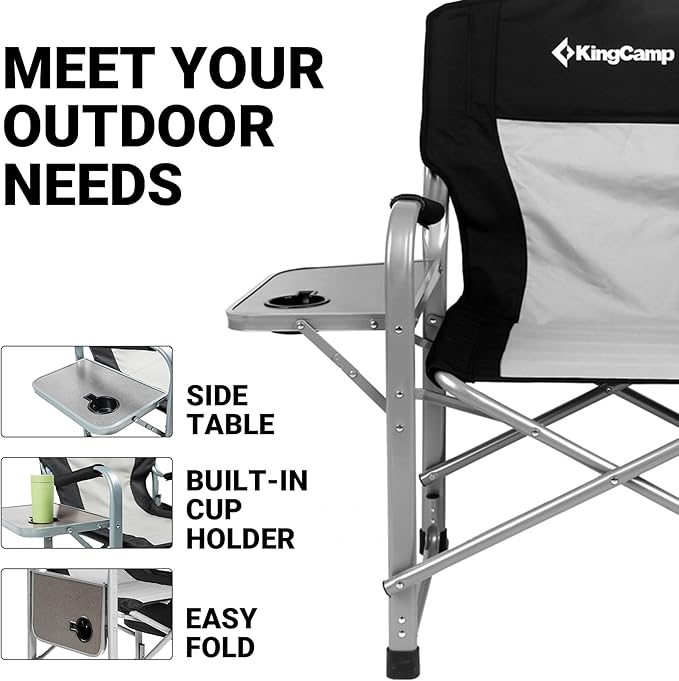 KingCamp XXL Oversized Directors Chair with Side Table, Folding Camping Chairs Heavy Duty 600lbs with Cooler Bag, Portable Camp Chair with Wide Seat for Hiking Fishing Lawn Outdoor and Sports