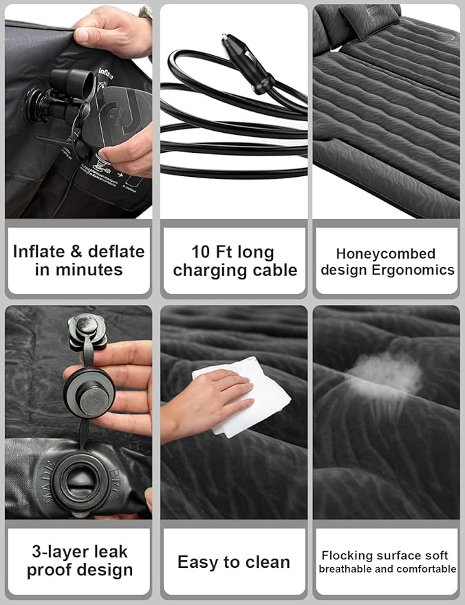 Umbrauto SUV Air Mattress, Quick Inflation Inflatable Car Camping Bed for Back Trunk Sleeping, Flocked Surface/Leakproof PVC/Reinforced Bottom Airbed Fits Most SUVs with Pump, Pillows, Carry Bag