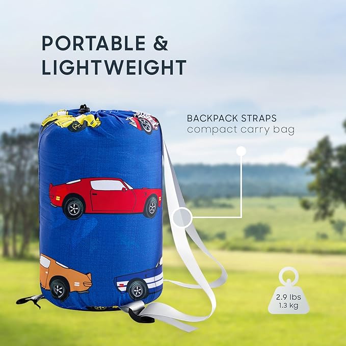 Wake In Cloud - Kids Sleeping Bag for Boys Toddlers, Camping in Warm Cold Weather, Backpacking Lightweight Compact Outdoor Liner for 3 Seasons, Race Cars Vehicles
