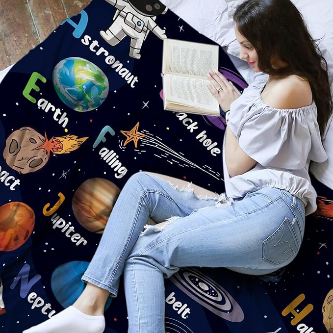 Space Alphabet Blanket, Space Themed Bedroom Decor, 50" X 60" Galaxy Blanket Gifts for Adult, Planet Astronaut Gift for Boys Birthday Christmas