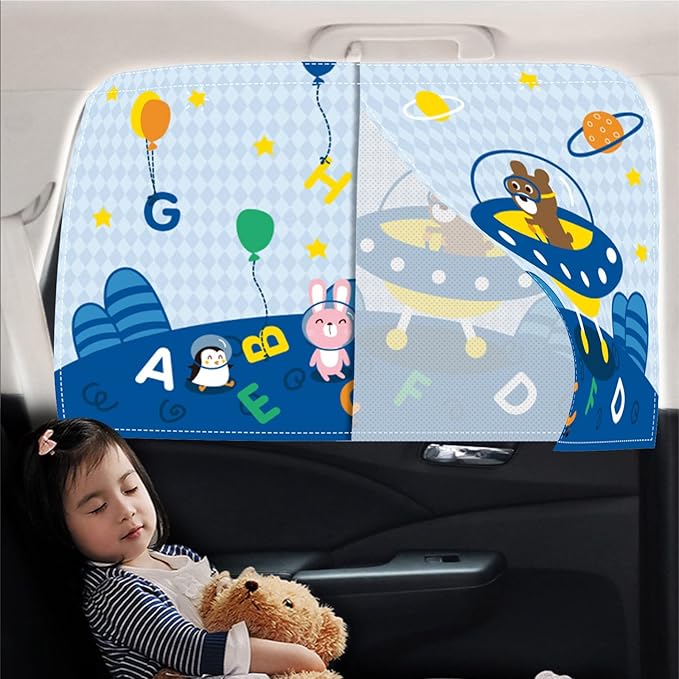 Car Sun Shade for Baby - EOHMAK Car Side Window Sun Shade Cover Upgrade Double Opening Car Interior Curtain Sun Blocker Blind (Alphabet Planet, 1 Pack)