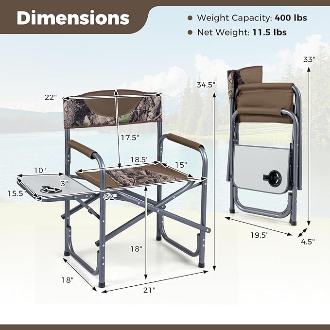 COSTWAY Folding Camping Chair, Lightweight Portable Directors Chair w/Side Table & Cup Holder, Padded Outdoor Heavy Duty Lawn Chair for Fishing, Picnic, Sports, Beach, Max Load 400 lbs (Camouflage,2)