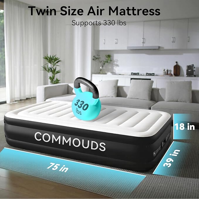 COMMOUDS Twin Air Mattress with Built-in Pump, 18" Raised Blow up Mattress, Comfort Inflatable Mattress with Waterproof Flocked Top, Portable Airbed for Guests, Camping, Home & Travel Use, 330lbs Max