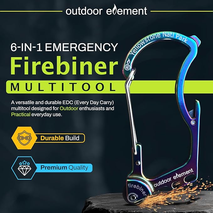 OUTDOOR ELEMENT Firebiner Custom Engraved 6-in-1 Fire Starter Carabiner Multitool – Survival Gear EDC Keychain with Utility Blade, Bottle Opener, Screwdriver, Emergency Tool