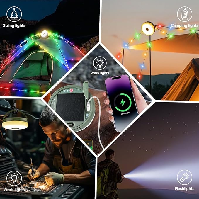 40FT Solar Camping String Lights, Rechargeable String Lights with 8 Modes, Waterproof Outdoor Lights with Delay Closure, Retractable Design & Hooks for Outdoor Patio Awning Garden Party Essentials