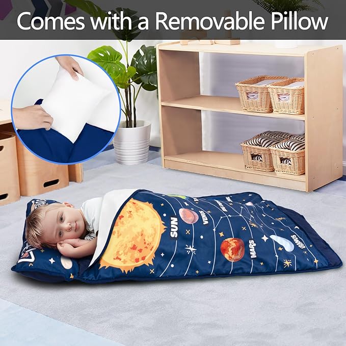 Primlect Lightweight Toddler Nap Mat, Portable Rolled Design Perfect for Daycare Travel, 51”x31 All-in-One Sleeping Bag with Removable Pillow and Fleece Blanket for Boys Girls, Machine Washable
