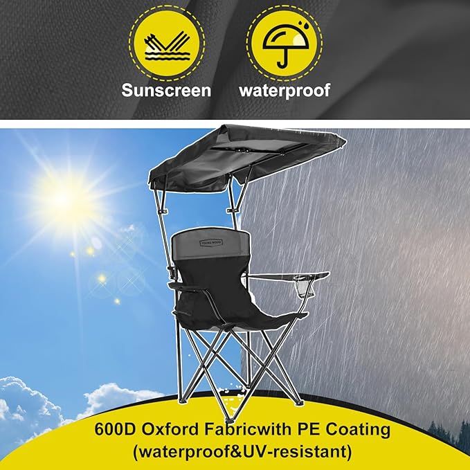 YOUNG WOOD Camping Chair with Canopy, Beach Chair with Shade,Portable,Lightweight Oversized for All, Easy to Open and Close Without Installation, Side Pocket Design for All Outdoor Activities，Black