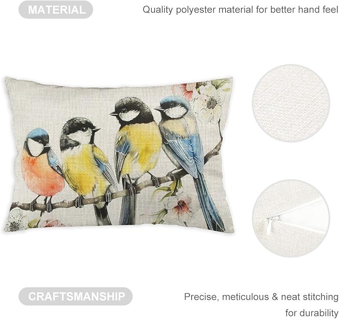ITFRO Set of 2 Birthday Gift Watercolor Birds Standing On A Branch Cotton Linen Lumbar Nature Wild Animals Throw Pillow Cover Cushion Case Sofa Home Decor 12x20 Inches (Blue and Yellow)