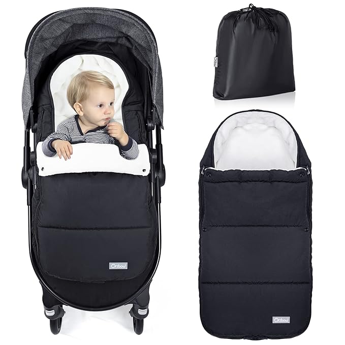 Orzbow Footmuff for Stroller, Weatherproof Anti-Kick Universal Toddler Sleeping Bag,Removable Warm Coral Fleece Lined Stroller Bunting Bag Footmuff（Black）
