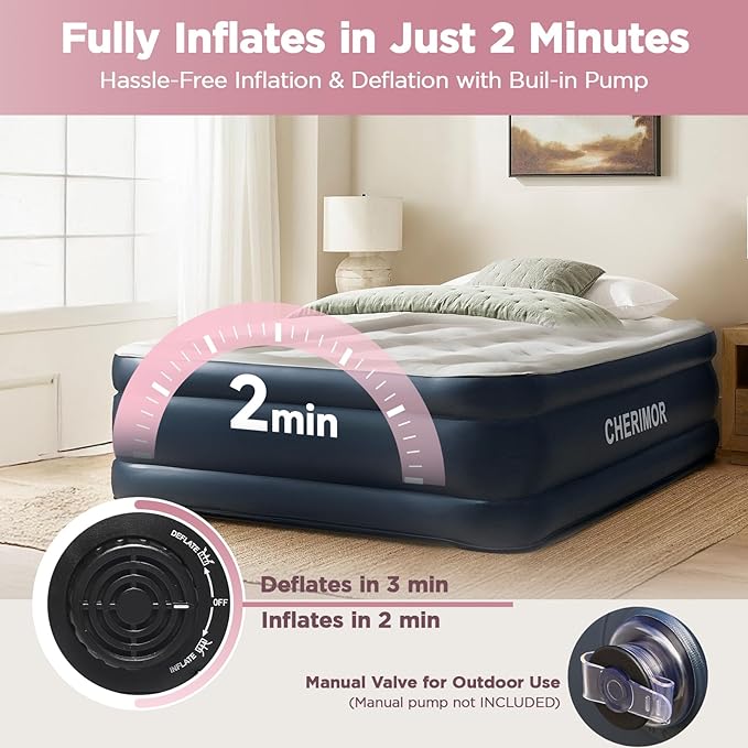 CHERIMOR Twin XL Air Mattress with Built-in Pump, 18" Raised Comfort, 80“ Length, 48Hr Leak-Proof Test, Upgraded Honeycomb Pillar Design, Supports 500 lbs, 2-Min Inflation for Home, Guests & Camping