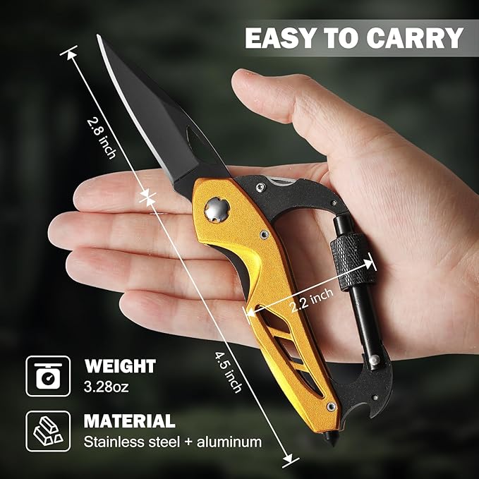 Stocking Stuffers Gifts for Men, Carabiner Multitool 6-in-1 EDC Carabiners Pocket Knife with Window Breaker, Bottle Opener and Screwdriver，Folding Knife for Camping Hiking（Gold）