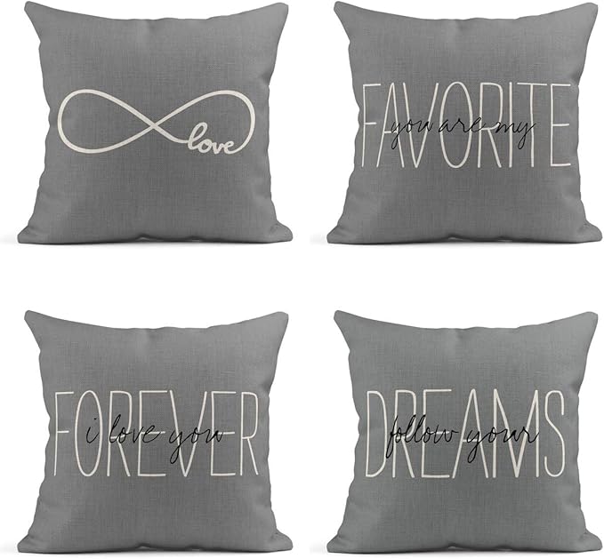Set of 4 Linen Throw Pillow Covers Cases Rustic Gray Love You are My Favorite Partner I Love You Forever Follow Pillow Cover Case Home Decor Square 20x20 inches Pillowcases