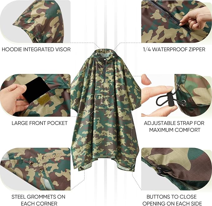 PTEROMY 3-in-1 Hooded Rain Poncho for Adult with Pocket, Waterproof Lightweight Unisex Raincoat for Hiking Camping Emergency
