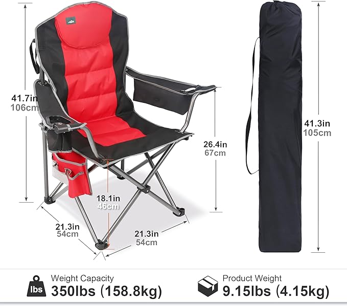 Northroad Oversized Camping Chair, Full Padded Outdoor Folding Chair Support 350 LBS, Heavy Duty Lawn Chair w/Cup Holder, Cooler Bag, Lumbar Support for Adult-Black