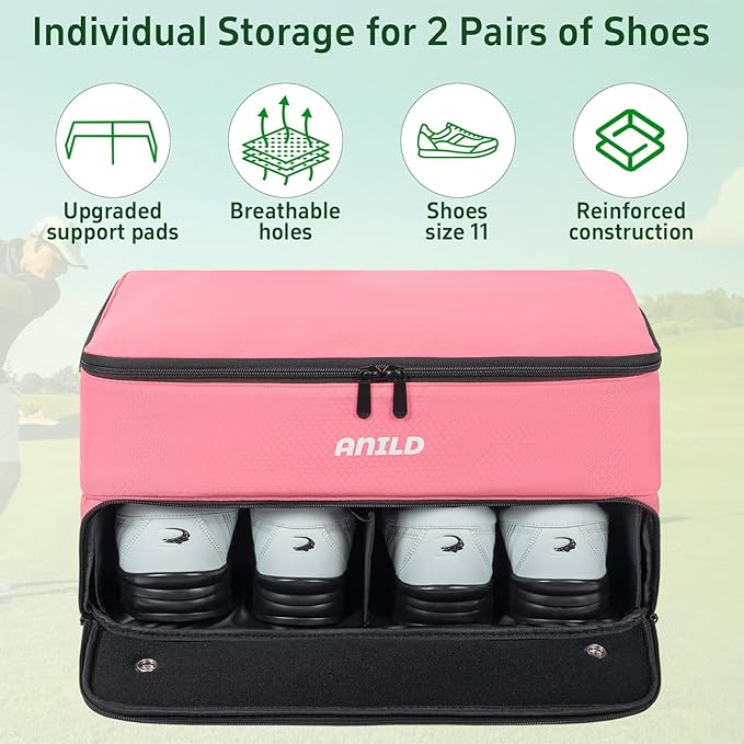 ANILD Golf Trunk Organizer, 2 Layer Golf Storage Case with Separate Ventilated Compartment for 2 Pair Shoes, for Balls, Tees, Clothes, Gloves, Accessories, Golfer Gifts