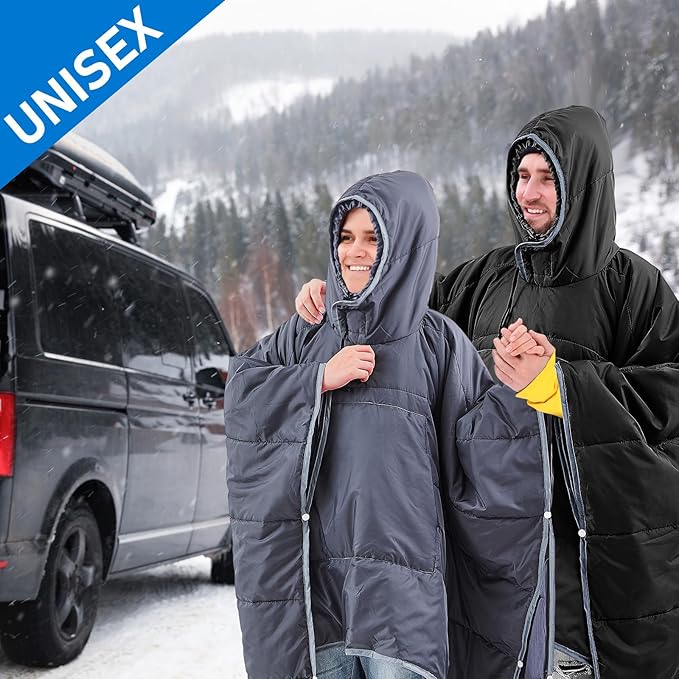 Preboun Thermal Poncho Wearable Hooded Blanket Winter Poncho Wearable Sleeping Bag Water Resistant Windproof for Men Women