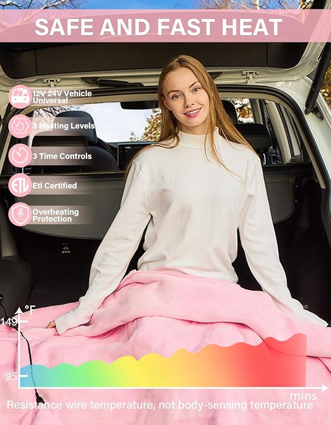 Car Heated Blanket, 12/24V Portable Heated Blanket for Car, Machine Washable Flannel Travel Blanket, 3 Heating Levels, 60x44 Inches, 4-in-1 Design, Convenient Storage for Camping,Pink