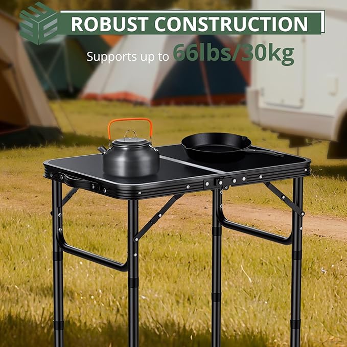 EYPINS Folding Camping Table Portable - Pure Black Aluminum 22.8x15.7'',3 Height Adjustable Small Outdoor Folding Table,Waterproof Lightweight Table with Carry Handle for Picnic,Cooking,BBQ,Beach