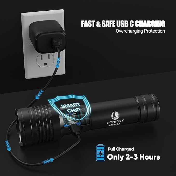 Rechargeable Flashlights High Lumens 100,000 Single One Mode - 2 Pack, Super Bright Powerful 30W LED, Long Lasting 12 Hours, USB C Input, Handheld 6.81” Length, for Hiking Home Gift