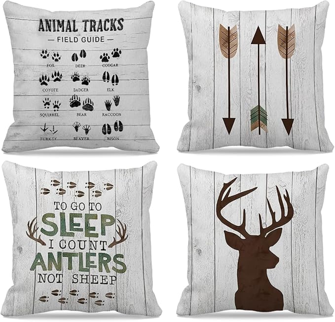 Cabin Decor Pillow Covers 18x18 Set of 4,Cabin Throw Pillows,Log Cabin Decor,Wild Animal Deer Farmhouse Rustic Pillow Covers,Camping Pillow,Camping Decor,Nursery Decor
