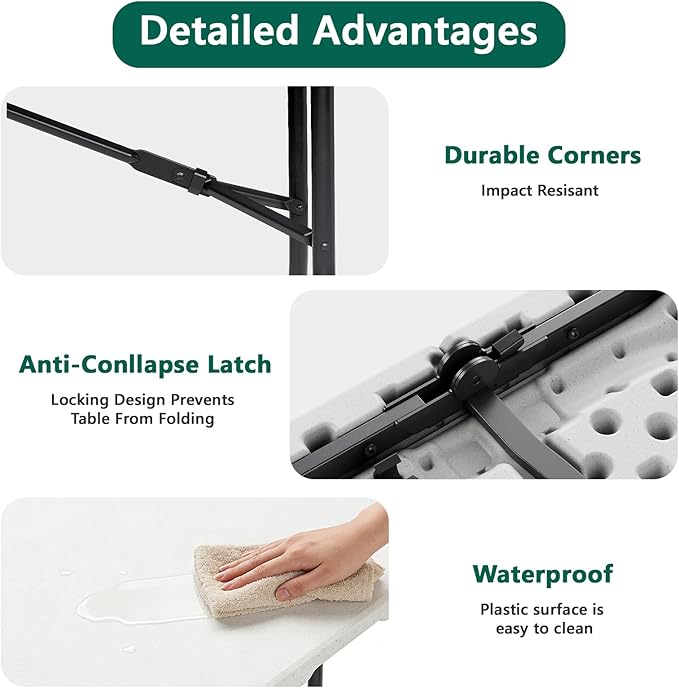 Folding Table 72" x 30" - Heavy Duty Plastic Table with Handle, Foldable & Portable, Fold-in-Half Utility Tables for Outdoor, Dining, Wedding, Events, Indoor, Picnic, Camping, Party (White)