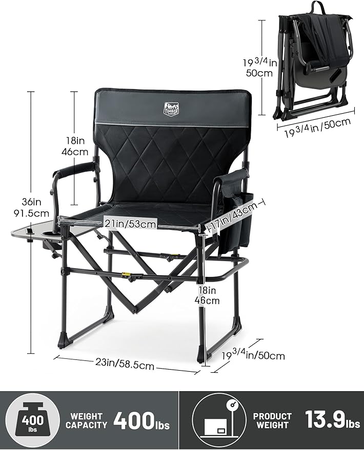 TIMBER RIDGE Heavy Duty Camping Chair with Compact Size, Portable Directors Chair with Side Table and Pocket for Camping, Lawn, Sports and Fishing, Supports Up to 400lbs, Black