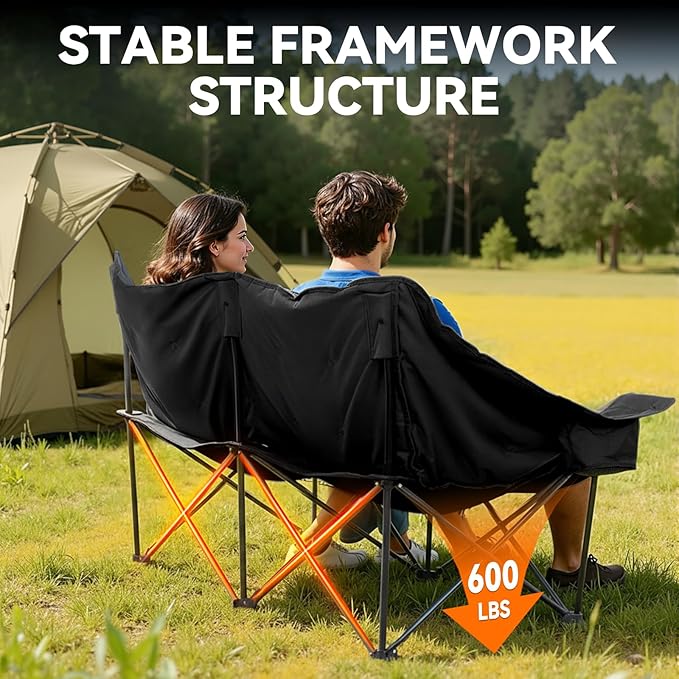 Huskfirm Double Camping Chair Oversized Padded Camping Chairs for Adults Folding Loveseat with Cup Holders and Side Pockets Heavy Duty Outdoor Lawn Chairs for Camping,Sports, Fishing,Beach,Black