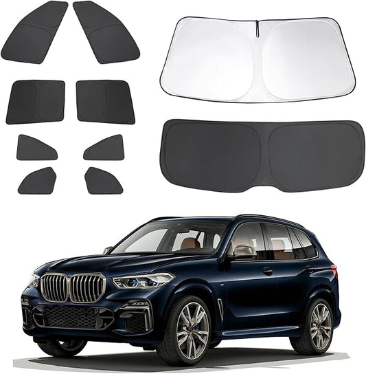 10PCS Windshield Sun Shade Set Custom Fit for 2019 2020 2021 2022 2023 2024 2025 BMW X5 Accessories Foldable Sunshade Side Rear Window Shade Cover Full Set Privacy Protection Keeps Car Cool