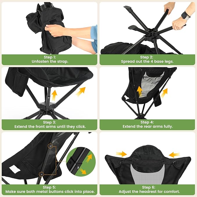 Raynesys 360° Rotation Camping Chair, Compact Hiking Chair with Cup Holder & Storage Pocket, Portable Folding Chairs for Outdoor Activities, High Back Comfort for Long Sitting, 1 Pack Black