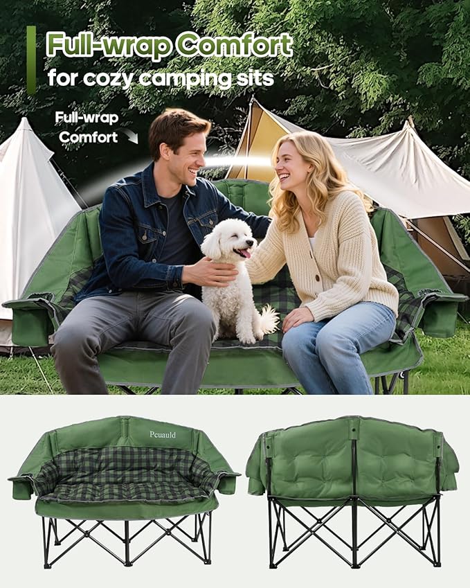 Double Camping Chair Padded Loveseat for Adults, Oversized 2 Person Camp Couch with 2 in 1 Carry Bag, Heavy Duty Folding Outdoor Sofa with Cup Holders for Lawn Beach Tailgating, Green