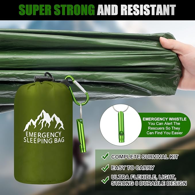 Oudain 2 Pcs XL Emergency Sleeping Bag 94.5" x 49.2" Waterproof Survival Sleeping Bag with Whistle Carabiner Portable Thermal Bivy Sack Emergency Blankets for Camping Hiking Outdoor