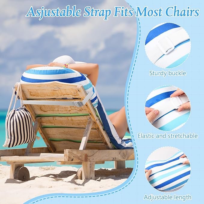 Yaomiao Inflatable Beach Pillow 17"x10" with Removable Cover, Beach Chair Stripe Backpacking Pillow with Strap for Summer Sand Pools Travel Vacations Pools Camping