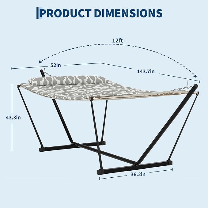 Garvee 2 Person Portable Double Hammock for Outdoor with Pillow, Heavy Duty Portable Hammock with Adjustable Steel Stand for Patio, Garden, Beach, Backyard