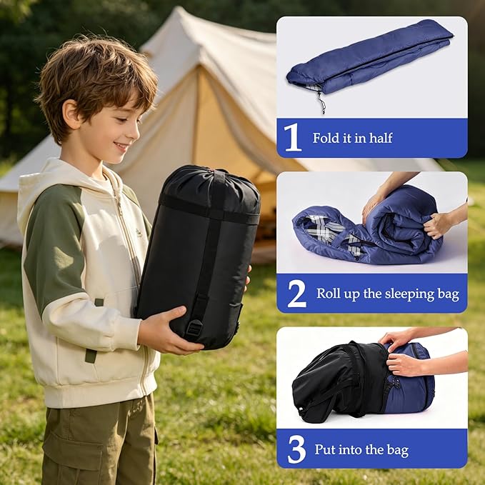 Uniqwamer Kids Sleeping Bag for Girls Boys - 4 Seasons Cold & Warm Weather Flannel Camping Sleeping Bags, Lightweight & Waterproof 45°F Sleeping Bag for Camping Hiking Outdoor Travel