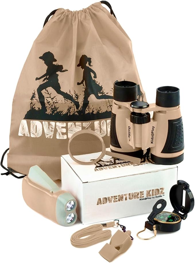 Tan Adventure Kidz Outdoor Exploration Kit, Children’s Binoculars, Flashlight, Compass, Fox Whistle, Magnifying Glass, Backpack. Great Gift Set for STEM, Pretend Play