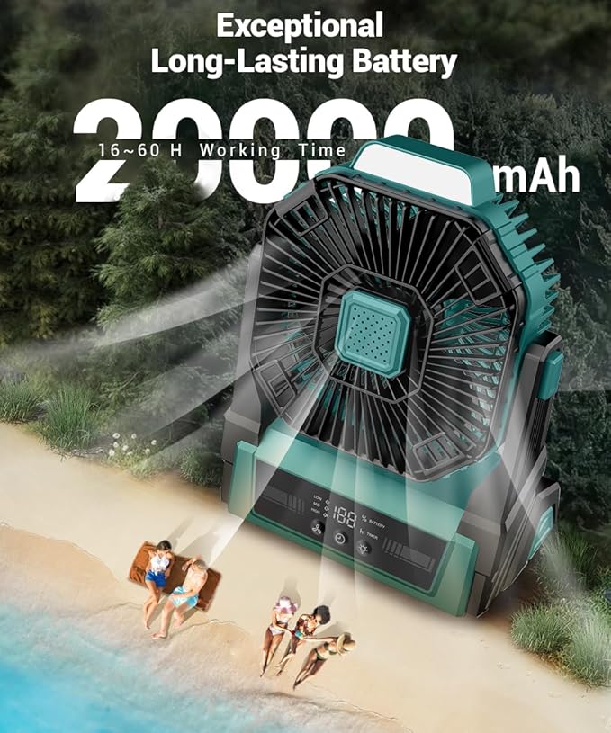 KopBeau Portable Camping Fan with Lights, 20000mAh Rechargeable Battery Operated Fan, Battery Powered Outdoor Beach Tent with 3 Speeds & Hook, Personal USB Table for Camping Accessories Blue