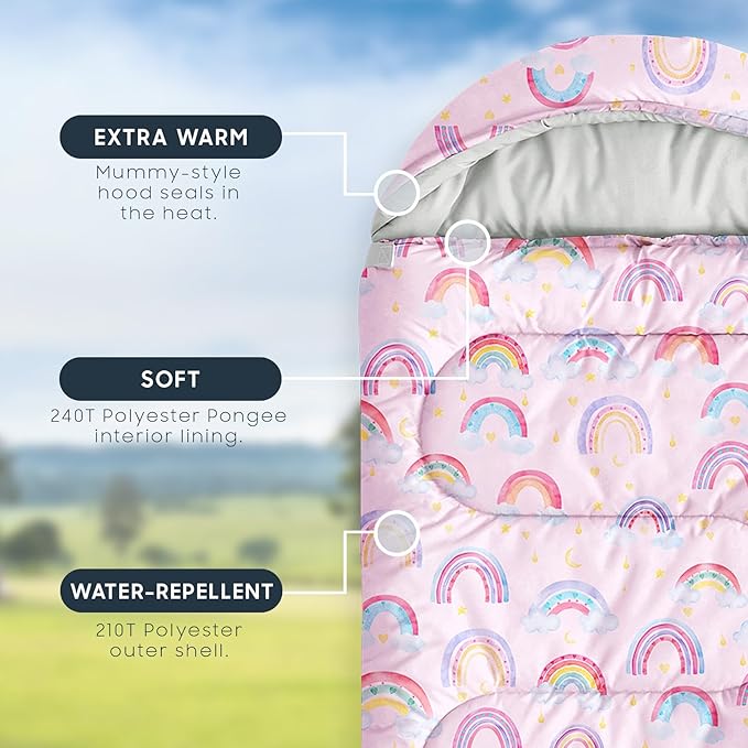 Wake In Cloud - Kids Sleeping Bag for Girls Toddlers, Camping in Warm Cold Weather, Backpacking Lightweight Compact Outdoor Liner for 3 Seasons, Rainbow Clouds