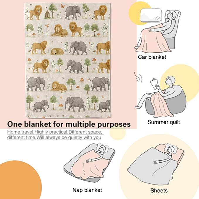 Wildlife Blanket Cute Lion and Elephant in Soft Watercolor Jungle Pattern Throw Blankets Lightweight Flannel Throws for Camping Couch Chair Bed Home Decor Gifts for Animal Lover,80x60inch