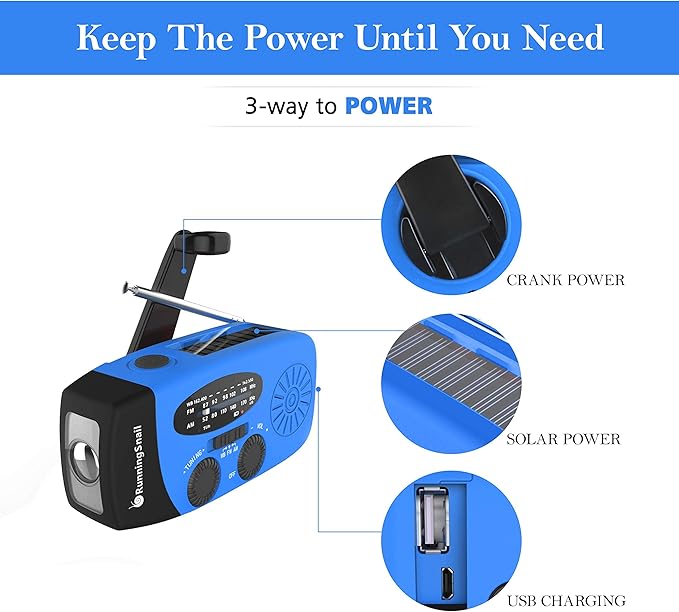 Emergency Hand Crank Radio with LED Flashlight for Emergency, AM/FM Portable Weather Radio with 2000mAh Power Bank Phone Charger, USB Charged & Solar Power for Camping, Emergency(Blue)