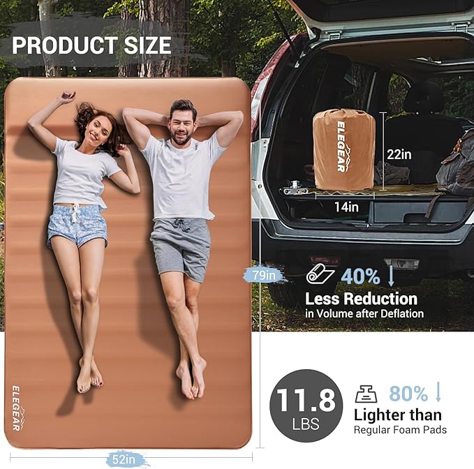 Elegear CumbreX™ Air & Foam Self Inflating Sleeping Pad, Built-in Electric Pump 4" Ultra-Thick Memory Foam Camping Mattress with Pillow Double Camping Pad 4-Season R-Value 9.5 Camp Mat (Khaki,Full)
