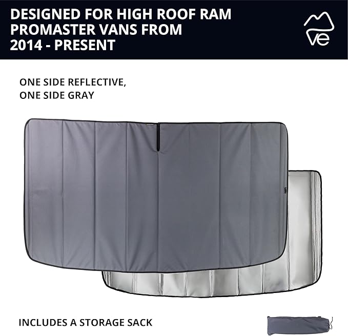 VanEssential Insulated Reflective Blackout Front Windshield Cover Designed for RAM Promaster Van Years 2014 to Current Model - Charcoal Gray Reflective