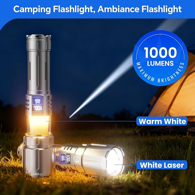 Yemao EDC Flashlight Rechargeable with Camping Lamp,Zoomable Tactical Flashlight with 8 Modes,5000mAh LED Bright Flashlights Portable Flashlighst for Home,Camping,Travel,Emergency