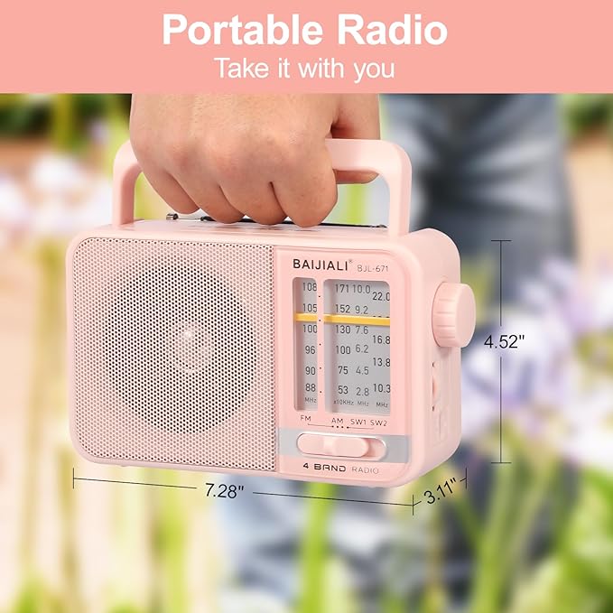 Portable AM/FM Transistor Radio with Loud Speaker, Battery or USB Powered - Compact Emergency Radio for Indoor, Outdoor, Travel & Storms (BJL-671, Pink)
