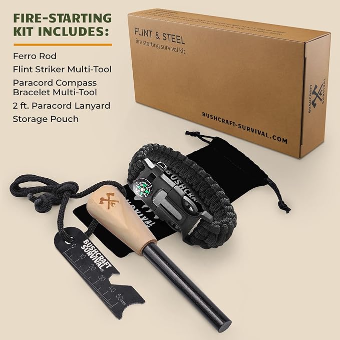 Bushcraft Survival Ferro Rod Fire Starter Kit & Backpacking Multitool | Flint and Steel Striker | Waterproof Magnesium Farrow Rod Tool & Firestarter for Campfires