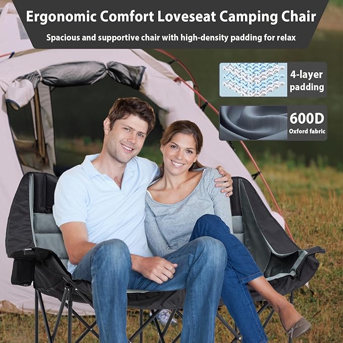Youtanic Oversized Double Camping Chair, Folding Loveseat Camping Couch with Pocket, Cup Holder and Carry Bag, Heavy Duty Portable Camping Chairs for Adults, Fishing, Sports, Trip, up to 660lbs, Black
