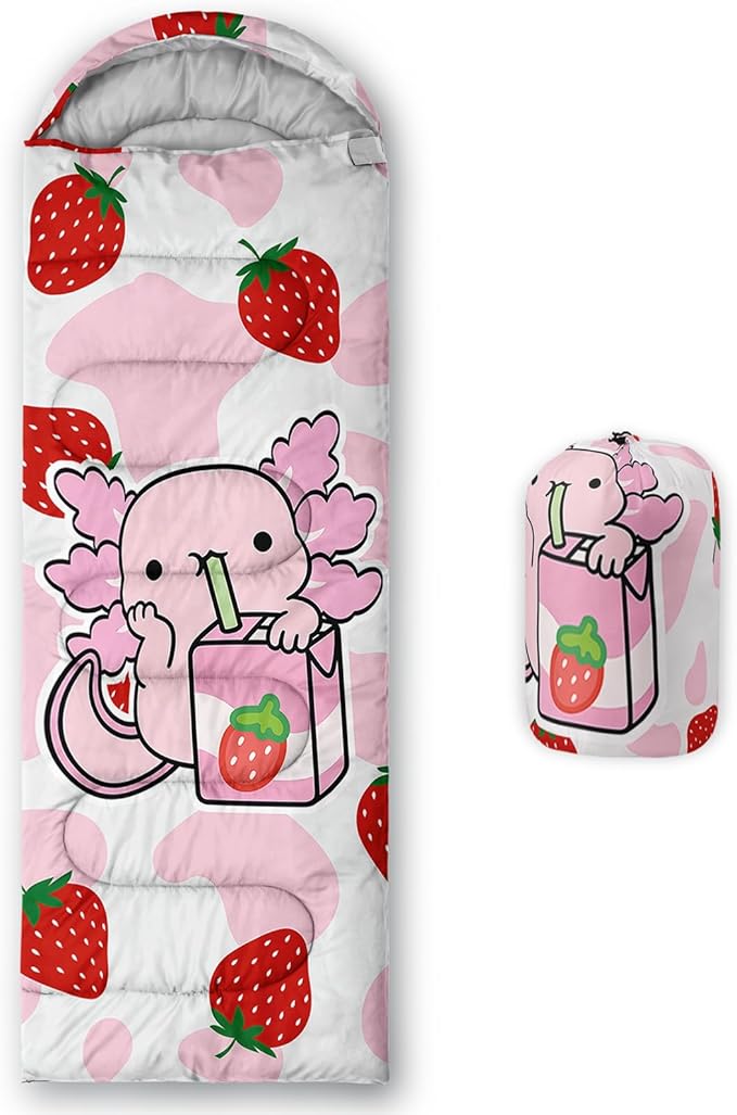 QOOMO Axolotl Cute Camping Sleeping Bags,3 Season Warm & Cool Weather,Lightweight,Waterproof Sleeping Bags for Adults & Kids,Traveling,and Outdoors