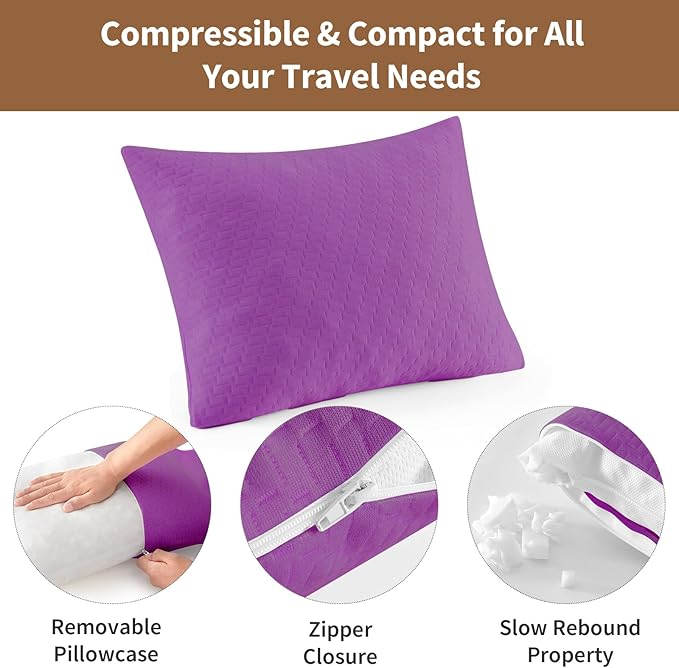 Small Shredded Memory Foam Pillow, Camping Pillow Travel Pillow - Compressible Medium Firm, Breathable Cover, Ideal Backpacking Hiking, Airplane and Car (Purple, S)