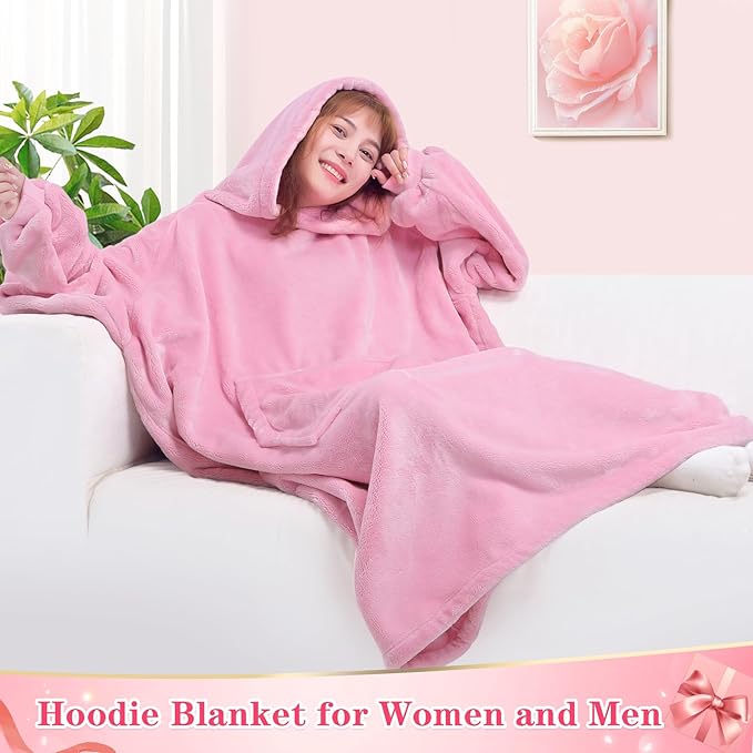 Waitu Wearable Blanket Sweatshirt Gifts for Women and Men, Warm and Cozy Giant Blanket Hoodie, Thick Flannel Blanket with Sleeves - Bright Pink