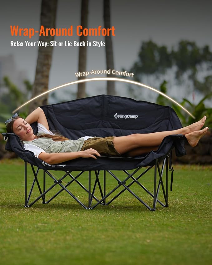 KingCamp Double Camping Chair, Oversized 880lbs Heavy Duty Loveseat for Adults Portable Folding XL 2 Person Couch Padded Comfortable Two Seat with Cup Holder for Outdoor Lawn Backyard, Black
