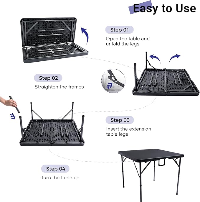 Byliable 34" Square Folding Card Table, Fold-in-Half Utility Dining Portable Table Heavy Duty HDPE Plastic Foldable with Carrying Handle Indoor Outdoor for Picnic, Camping, Party, Black